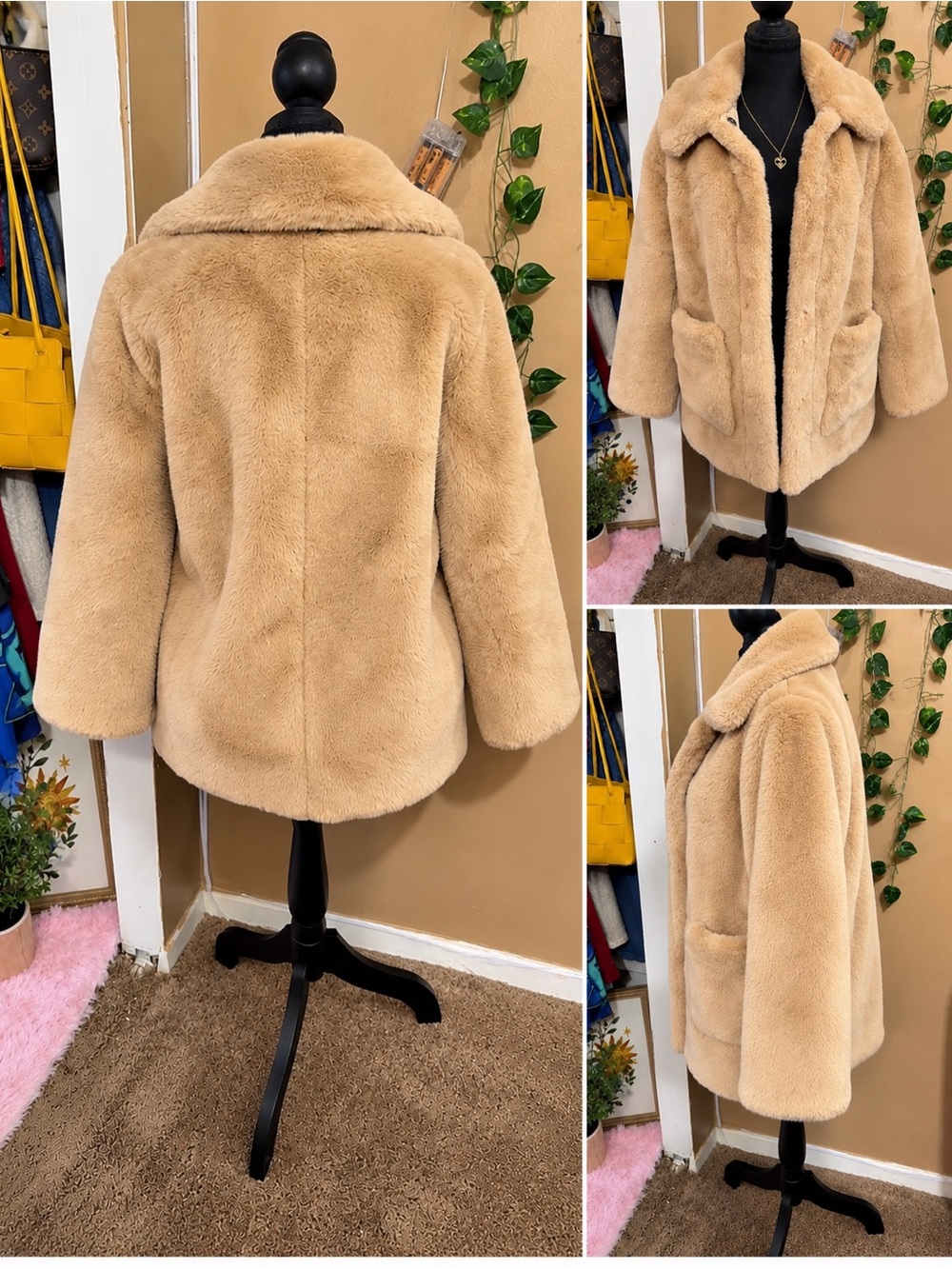 H&M Faux Fur Coat Beige Plush Jacket Size 0